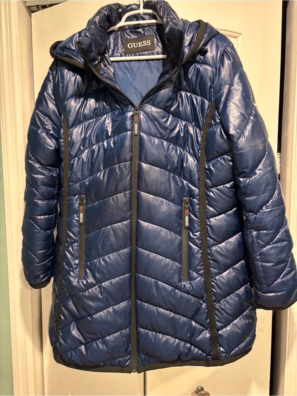 Guess by Marciano Shiny Navy Quilted Hooded Puffer Jacket